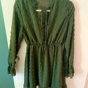 Green Chiffon Long Sleeve Polkadot Dress, size M
